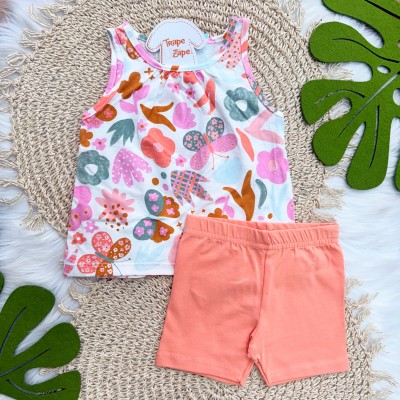  Conj. Regata Borboletas e Short - Off White e Salmão